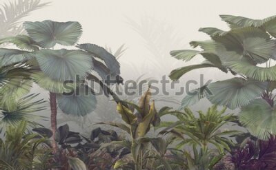 Papier peint  Tropical trees and leaves wallpaper design in foggy forest - 3D illustration