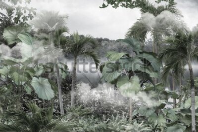Papier peint  tropical trees and leaves wallpaper design in foggy forest - 3D illustration