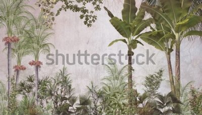 Papier peint  tropical trees and leaves wallpaper design in foggy forest - 3D illustration