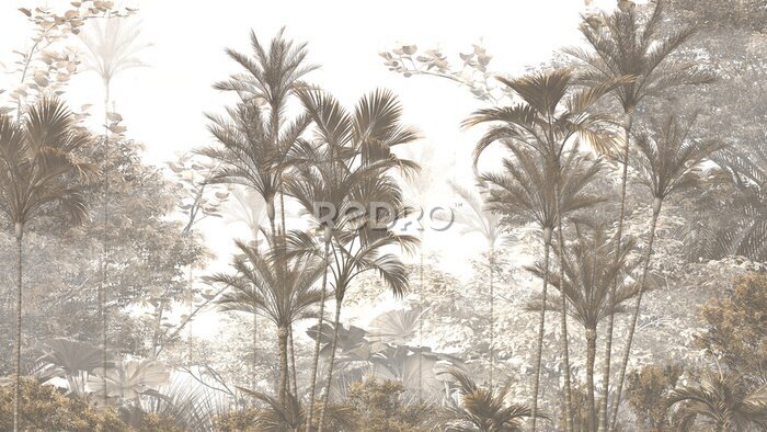 Papier peint  tropical trees and leaves wallpaper design in foggy forest - 3D illustration

