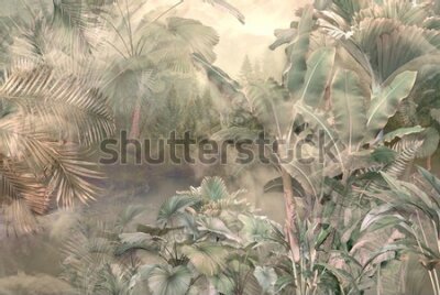 Papier peint  Tropical trees and leaves wallpaper design in foggy forest - 3D illustration