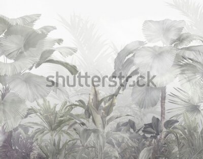 Papier peint  Tropical trees and leaves wallpaper design in foggy forest - 3D illustration