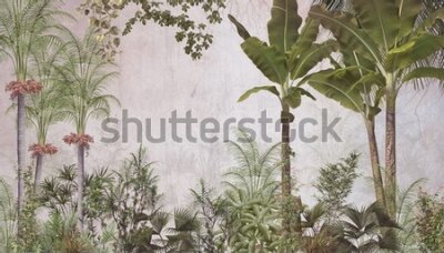 Papier peint  Tropical trees and leaves wallpaper design in foggy forest - 3D illustration