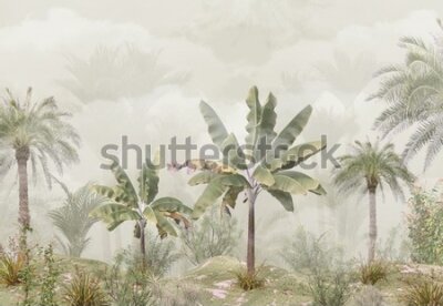 Papier peint  Tropical trees and leaves wallpaper design in foggy forest - 3D illustration