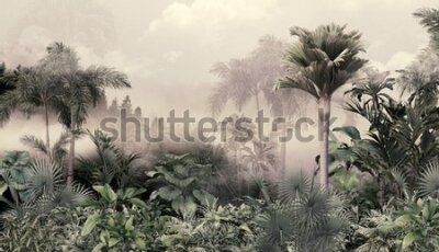 Papier peint  Tropical trees and leaves wallpaper design in foggy forest - 3D illustration