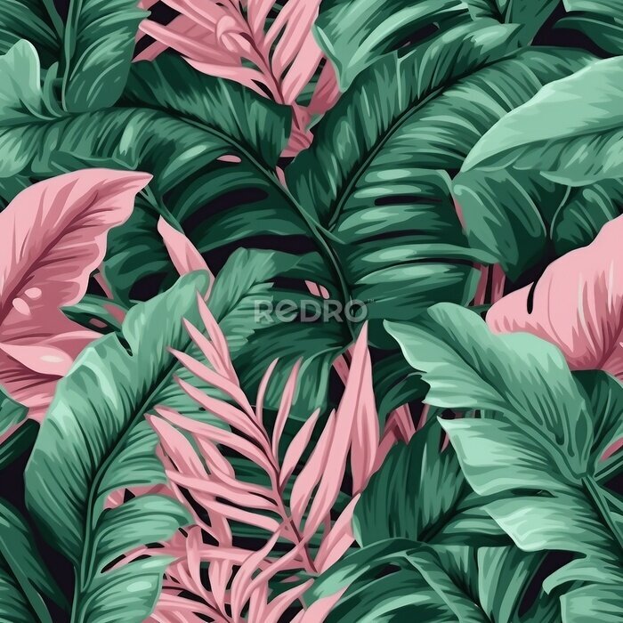 Papier peint  Tropical vector green leaves seamless pattern pink background. Exotic wallpaper. generative ai