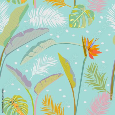 Papier peint  Tropical vector seamless pattern with  leaves of strelitzia, palm tree and flowers