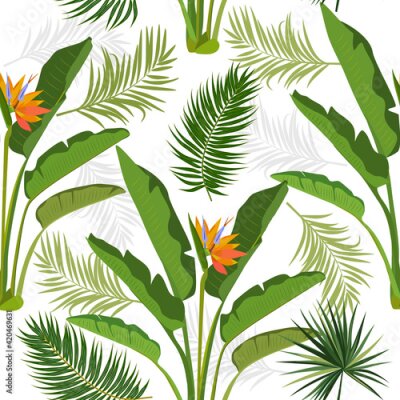 Papier peint  Tropical vector seamless pattern with  leaves of strelitzia, palm tree and flowers
