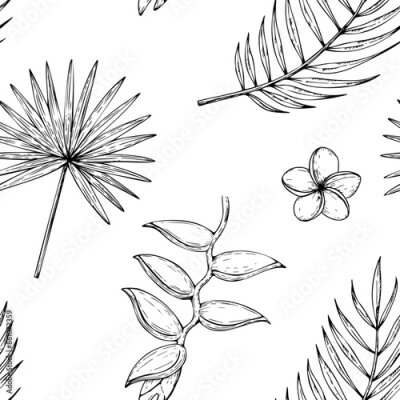 Papier peint  Tropical vector seamless pattern with palm leaves, heliconia, Bird of Paradise or Strelitzia reginae flowers illustrations on isolated background. Beautiful botanical hand painted exotic element. F