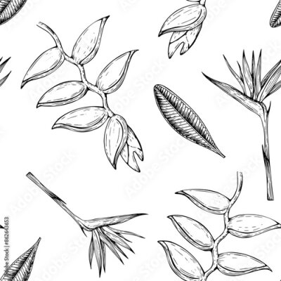 Papier peint  Tropical vector seamless pattern with palm leaves, heliconia, Bird of Paradise or Strelitzia reginae flowers illustrations on isolated background. Beautiful botanical hand painted exotic element. For 