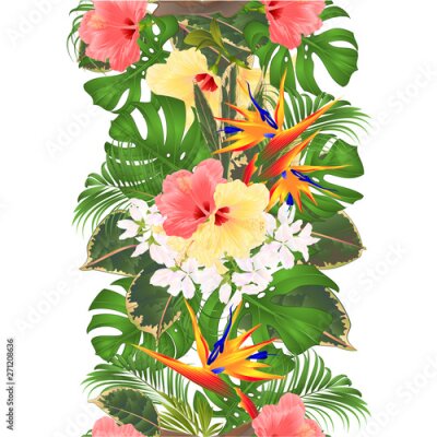 Papier peint  Tropical vertical border seamless background Bouquet with tropical flowers pink and yellow hibiscus and Strelitzia palm,philodendron and ficus vintage vector illustration  for dishes,  greeting card