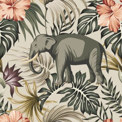 Papier peint  Tropical vintage animal elephant, hibiscus flower, strelitzia, palm leaves floral seamless pattern grey background. Exotic jungle wallpaper.