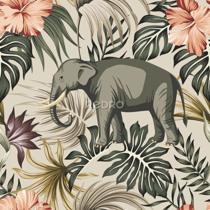 Papier peint  Tropical vintage animal elephant, hibiscus flower, strelitzia, palm leaves floral seamless pattern grey background. Exotic jungle wallpaper.