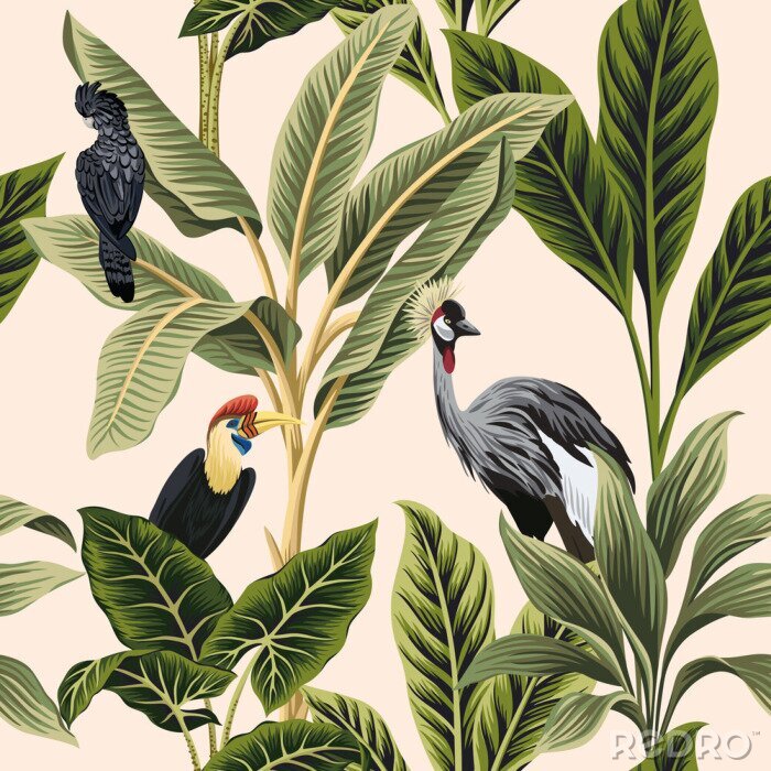 Papier peint  Tropical vintage botanical bird crane, parrot, palm tree, plant, banana tree floral seamless pattern pink background. Exotic jungle wallpaper.
