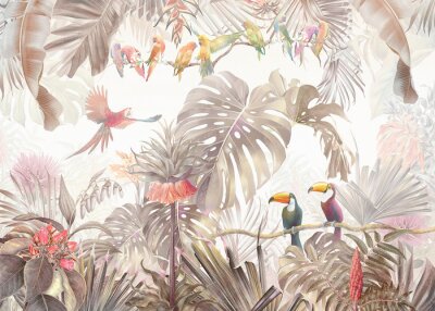 Papier peint  Tropical vintage botanical landscape, palm tree, plant, palm leaves, birds, parrots.