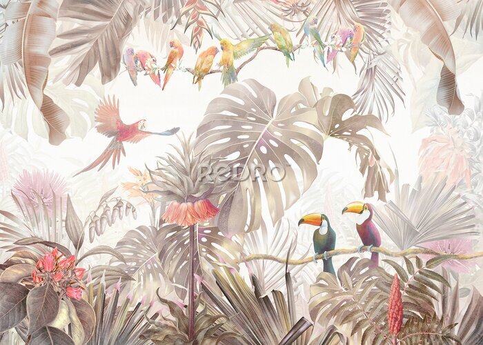 Papier peint  Tropical vintage botanical landscape, palm tree, plant, palm leaves, birds, parrots.