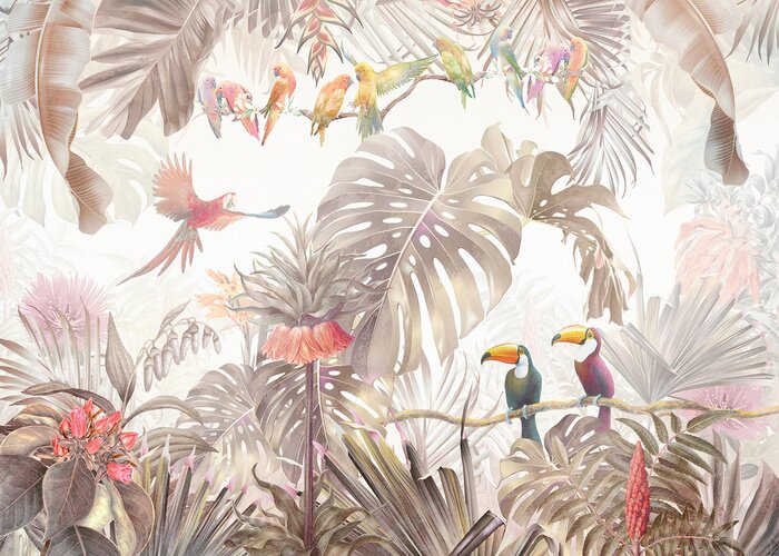 Papier peint  Tropical vintage botanical landscape, palm tree, plant, palm leaves, birds, parrots.