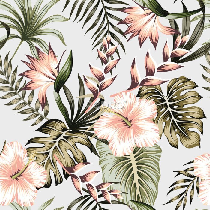 Papier peint  Tropical vintage green floral palm leaves pink hibiscus, strelitzia flower seamless pattern grey background. Exotic jungle wallpaper.
