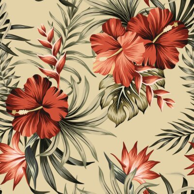 Papier peint  Tropical vintage hibiscus flower, strelitzia, palm leaves floral seamless pattern beige background. Exotic jungle wallpaper.