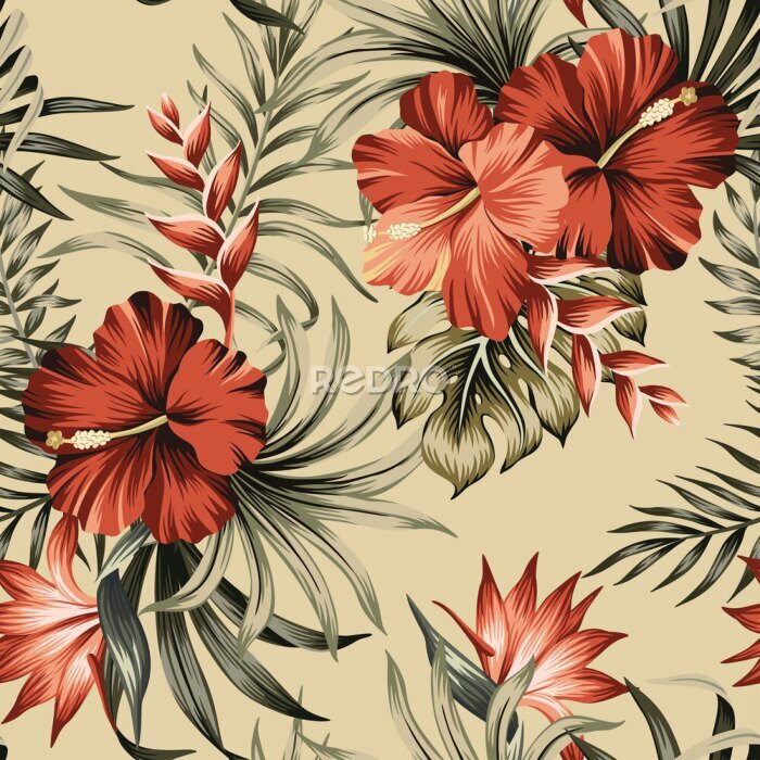 Papier peint  Tropical vintage hibiscus flower, strelitzia, palm leaves floral seamless pattern beige background. Exotic jungle wallpaper.
