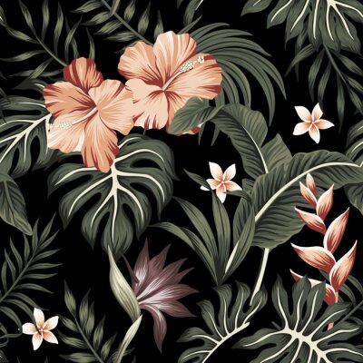Papier peint  Tropical vintage hibiscus flower, strelitzia, palm leaves floral seamless pattern black background. Exotic jungle wallpaper.