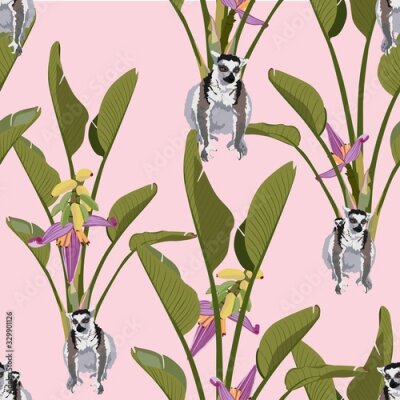 Papier peint  Tropical vintage lemur animal, palm leaves and strelitzia flowers, floral seamless pattern, pink background. Exotic jungle wallpaper.