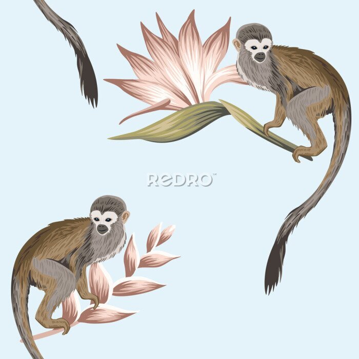 Papier peint  Tropical vintage monkey animal, strelitzia flower floral seamless pattern blue background. Exotic jungle wallpaper.