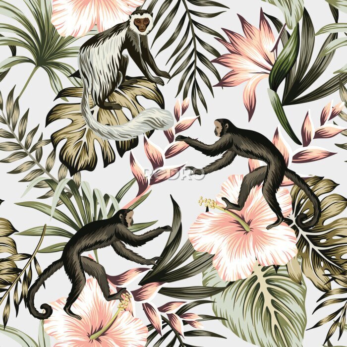 Papier peint  Tropical vintage monkey, hibiscus flower, strelitzia, palm leaves floral seamless pattern grey background. Exotic jungle wallpaper.