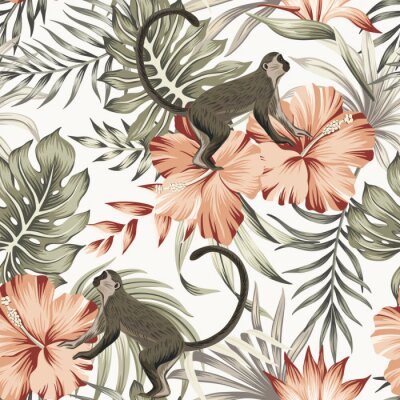 Papier peint  Tropical vintage monkey, hibiscus flower, strelitzia, palm leaves floral seamless pattern ivory background. Exotic jungle wallpaper.