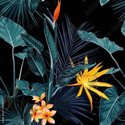 Papier peint  Tropical vintage  palm, monstera, plant, strelitzia orange flowers floral seamless border black background. Exotic vintage jungle wallpaper.