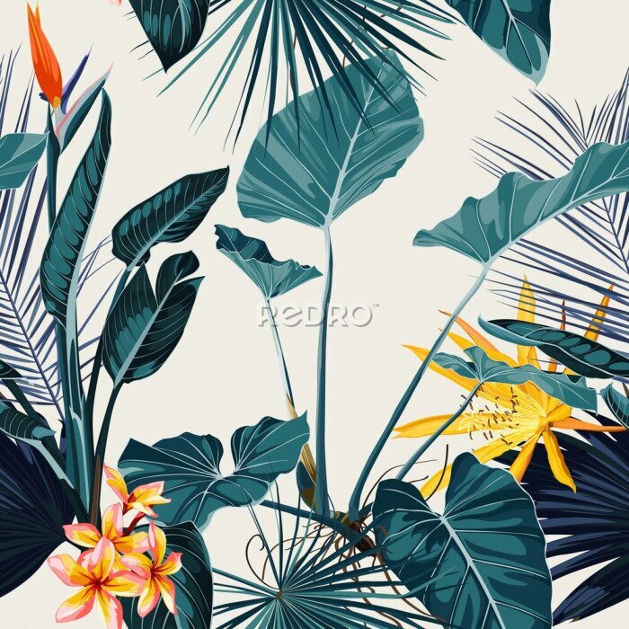 Papier peint  Tropical vintage  palm, monstera, plant, strelitzia orange flowers floral seamless border pink background. Exotic vintage jungle wallpaper.