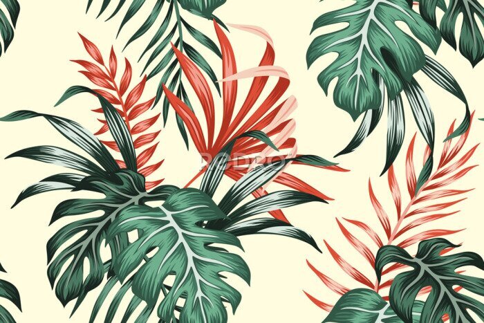 Papier peint  Tropical vintage red, green palm leaves floral seamless pattern yellow background. Exotic jungle wallpaper.