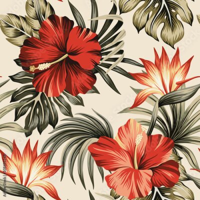 Papier peint  Tropical vintage red hibiscus and strelitzia floral green palm leaves seamless pattern beige background. Exotic jungle wallpaper.