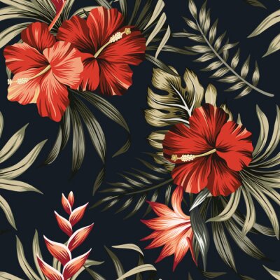 Papier peint  Tropical vintage red hibiscus and strelitzia floral green palm leaves seamless pattern black background. Exotic jungle wallpaper.