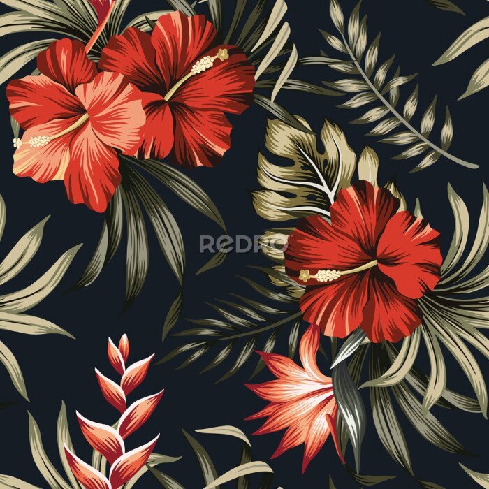 Papier peint  Tropical vintage red hibiscus and strelitzia floral green palm leaves seamless pattern black background. Exotic jungle wallpaper.