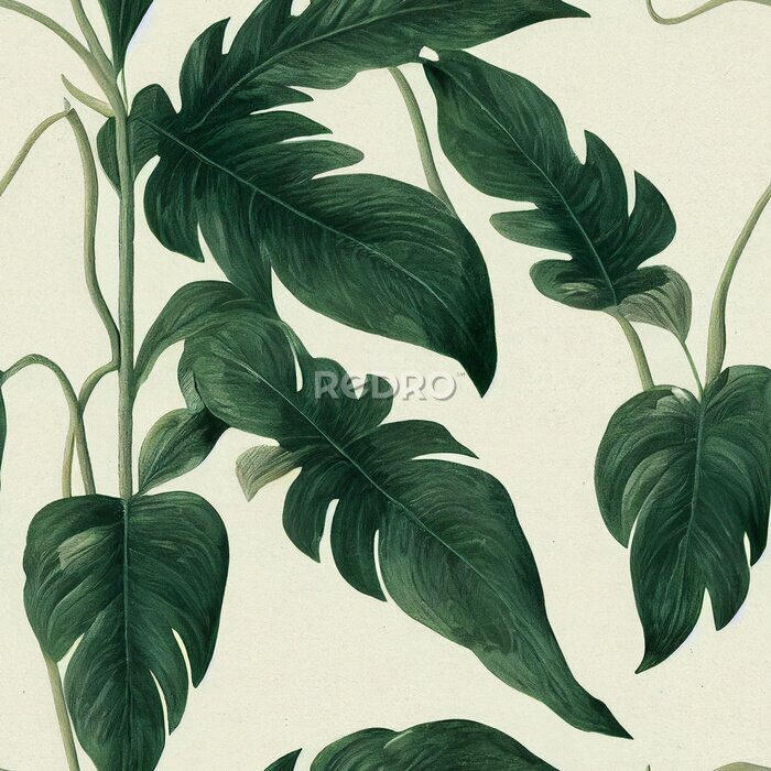 Papier peint  Tropical vintage red hibiscus and strelitzia floral green palm leaves seamless pattern black background. Exotic jungle wallpaper.