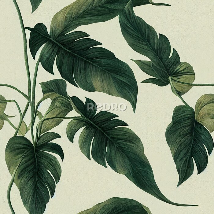 Papier peint  Tropical vintage red hibiscus and strelitzia floral green palm leaves seamless pattern black background. Exotic jungle wallpaper.