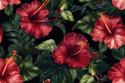 Papier peint  Tropical vintage red hibiscus and strelitzia floral green palm leaves seamless pattern black background. Exotic jungle wallpaper.generative ai.