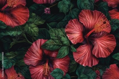 Papier peint  Tropical vintage red hibiscus and strelitzia floral green palm leaves seamless pattern black background. Exotic jungle wallpaper.generative ai.