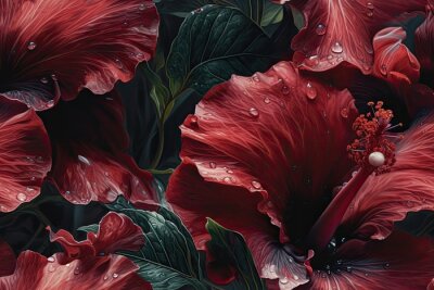 Papier peint  Tropical vintage red hibiscus and strelitzia floral green palm leaves seamless pattern black background. Exotic jungle wallpaper.generative ai.