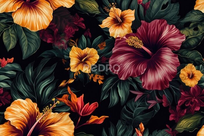 Papier peint  Tropical vintage red hibiscus and strelitzia floral green palm leaves seamless pattern black background. Exotic jungle wallpaper.generative ai.
