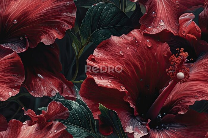 Papier peint  Tropical vintage red hibiscus and strelitzia floral green palm leaves seamless pattern black background. Exotic jungle wallpaper.generative ai.