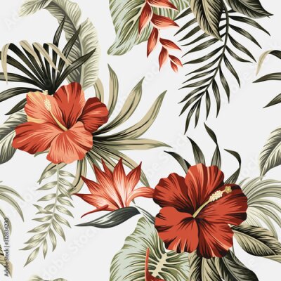 Papier peint  Tropical vintage redhibiscus flower, strelitzia, palm leaves floral seamless pattern grey background. Exotic jungle wallpaper.  G