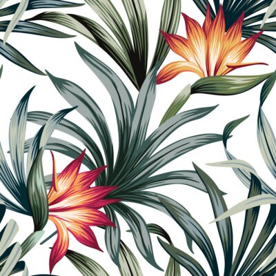 Papier peint  Tropical vintage strelitzia floral palm leaves seamless pattern white background. Exotic jungle wallpaper.