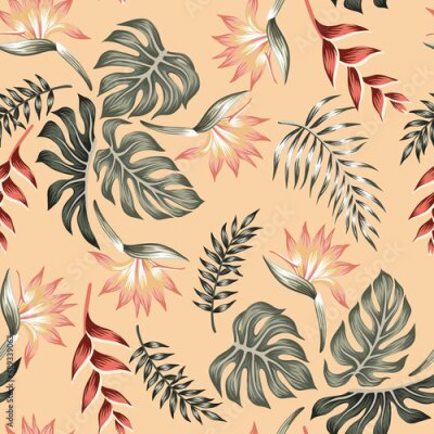 Papier peint  Tropical vintage strelitzia flower, palm leaves floral seamless pattern orange background. Exotic jungle wallpaper.