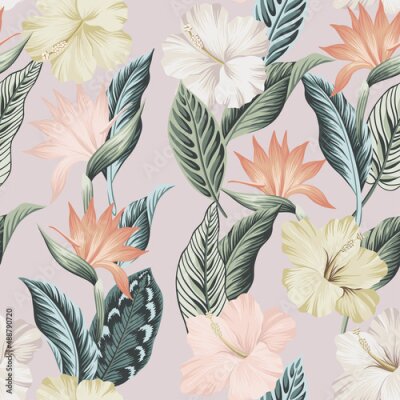 Papier peint  Tropical vintage strelitzia, hibiscus flower, palm leaves floral seamless pattern lilac background. Exotic jungle wallpaper.