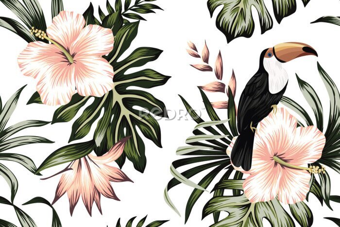 Papier peint  Tropical vintage toucan parrot green floral palm leaves pink hibiscus, strelitzia flower seamless pattern white background. Exotic jungle wallpaper.