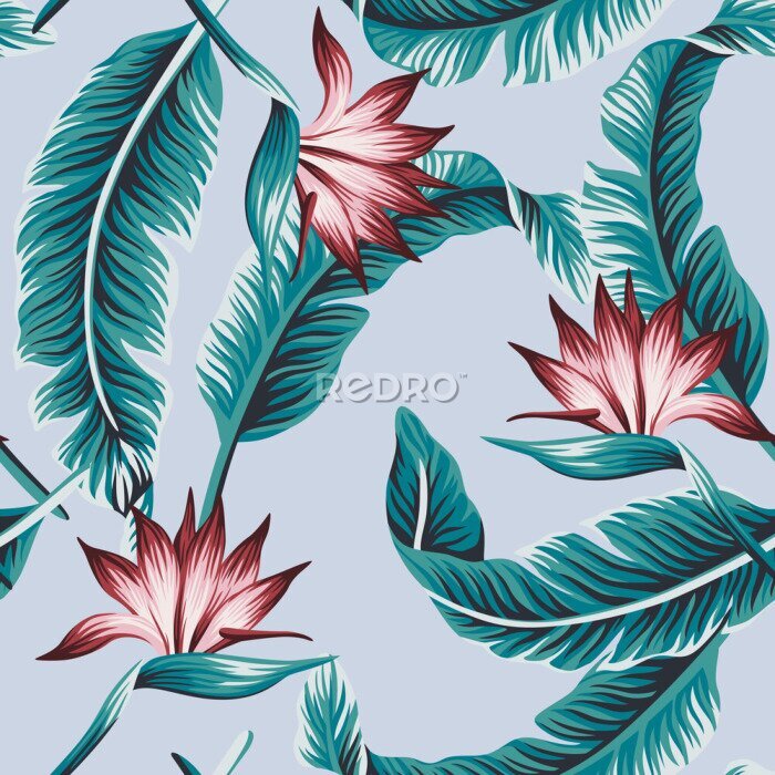 Papier peint  Tropical vintage vector green banana, strelitzia flower, leaves floral seamless pattern blue background. Exotic jungle wallpaper.