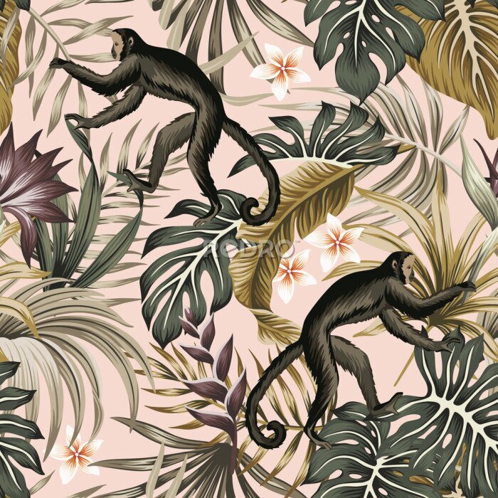 Papier peint  Tropical vintage wild animal monkey, plumeria flower, strelitzia, palm leaves floral seamless pattern pink background. Exotic jungle wallpaper.