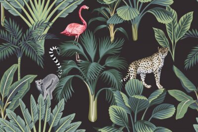 Papier peint à motif  Tropical vintage wild animals, flamingo, palm trees, banana tree floral seamless pattern dark background. Exotic botanical jungle wallpaper.